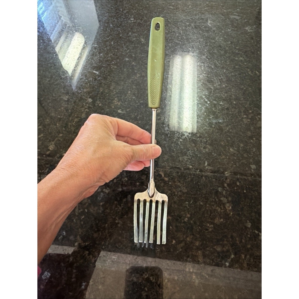 Vintage Foley 6-Tine Pastry Fork Stainless w/avocado Green Handle 11" Baking